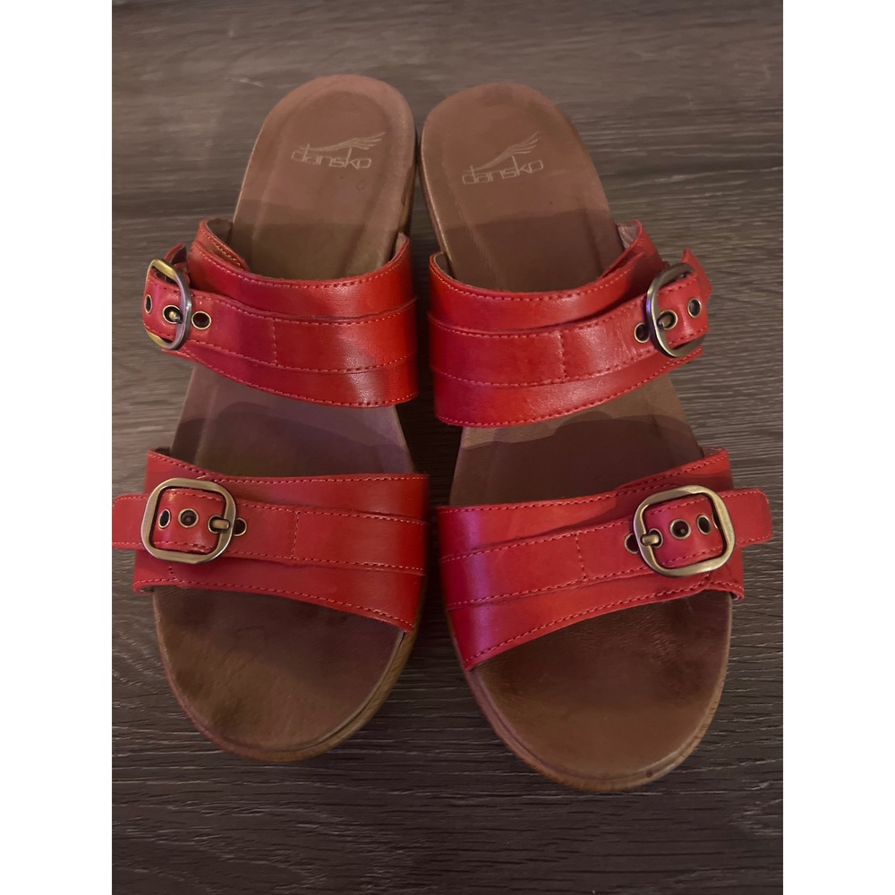 Dansko Jessie Red Leather Buckle Slide Sandals Platform Wedge Women's 39 (8.5)